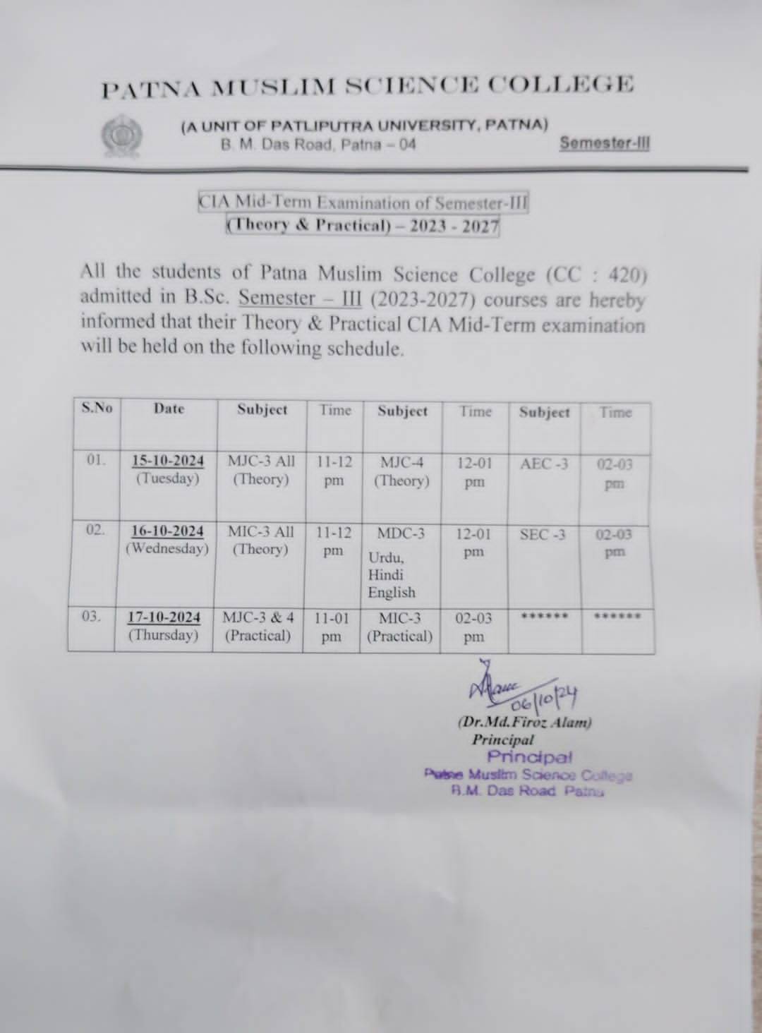 Time- Table BSc(2023-27) Mid-Term Exam