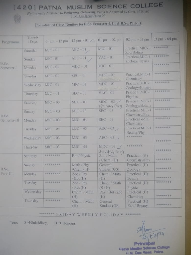 Class Routine For B.Sc. Sem